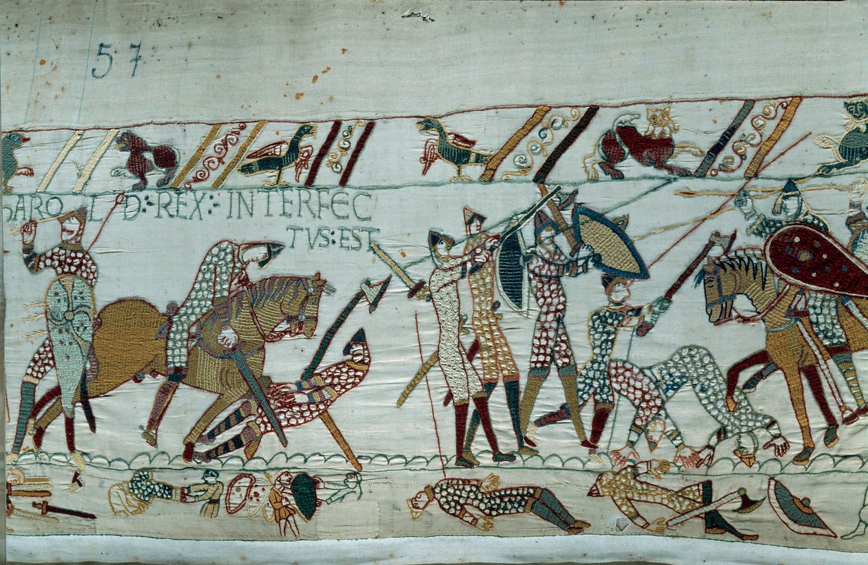 Podbój Anglii przez księcia Normandii Wilhelma Zdobywcy (1027-1087) w 1066: śmierć króla Harolda II przez strzałę w oko w bitwie pod Hastings Fragment gobelinu z Bayeux lub haftu królowej Matyldy autorstwa Unknown artist
