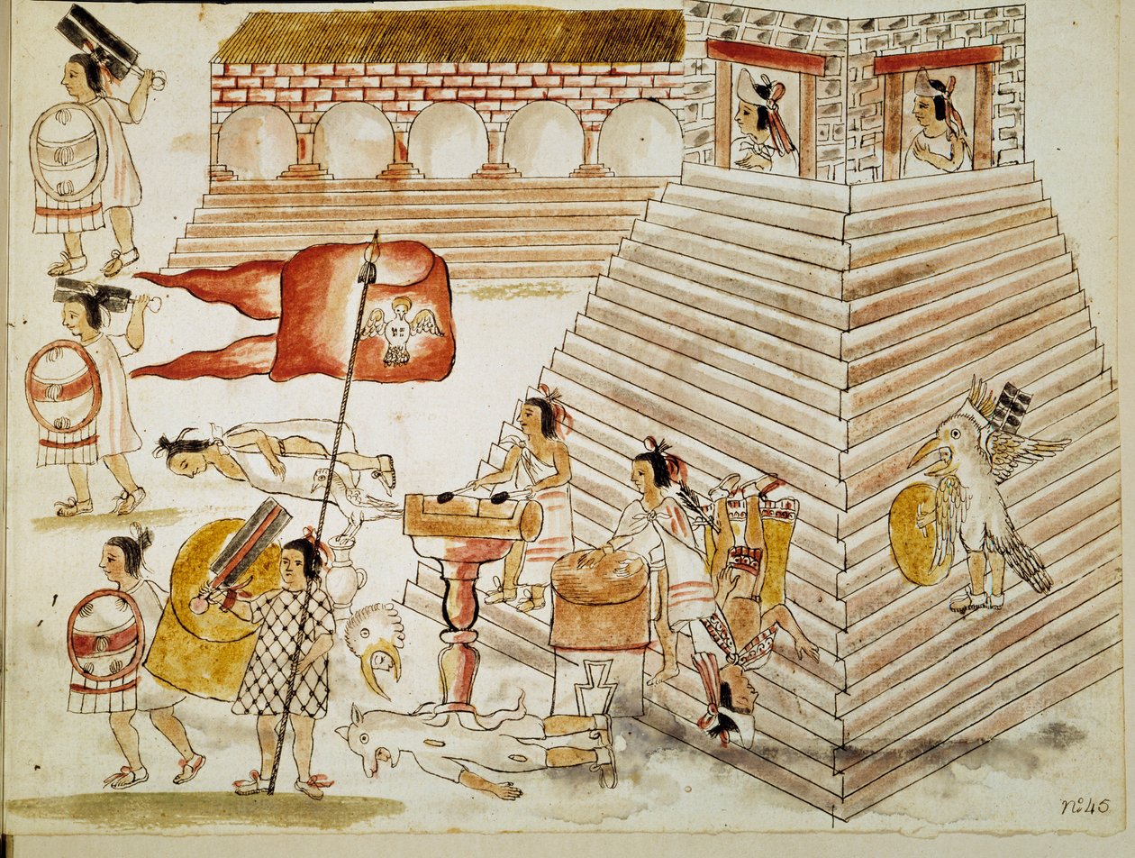 Podbój Meksyku: zniszczenie Tenochtitlan, stolicy imperium Azteków, przez armię konkwistadora Hernana Cortesa (Hernando Corteza) (1485-1547) w dniu 24.06.2015 r.” Miniatura z rękopisu autorstwa Unknown artist