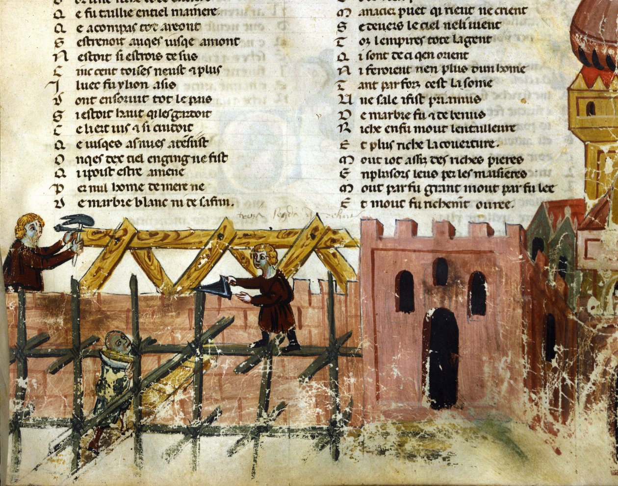 Scena budowy. Miniatura „Roman de Troy” autorstwa Benoit de Saint Maure. XIV-wieczna Biblioteca Marciana, Wenecja autorstwa Unknown artist