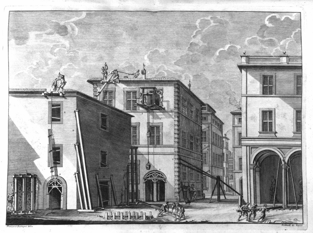 Scena budowy na początku XVIII wieku. Rycina z traktatu autorstwa Nicoli Zabaglii. autorstwa Unknown artist