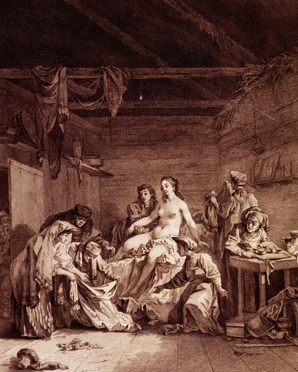 Kontrola defloracji po ślubie w Rosji. Sprawdził to, że małżeństwo zostało skonsumowane. Rycina z XVIII wieku. autorstwa Unknown artist