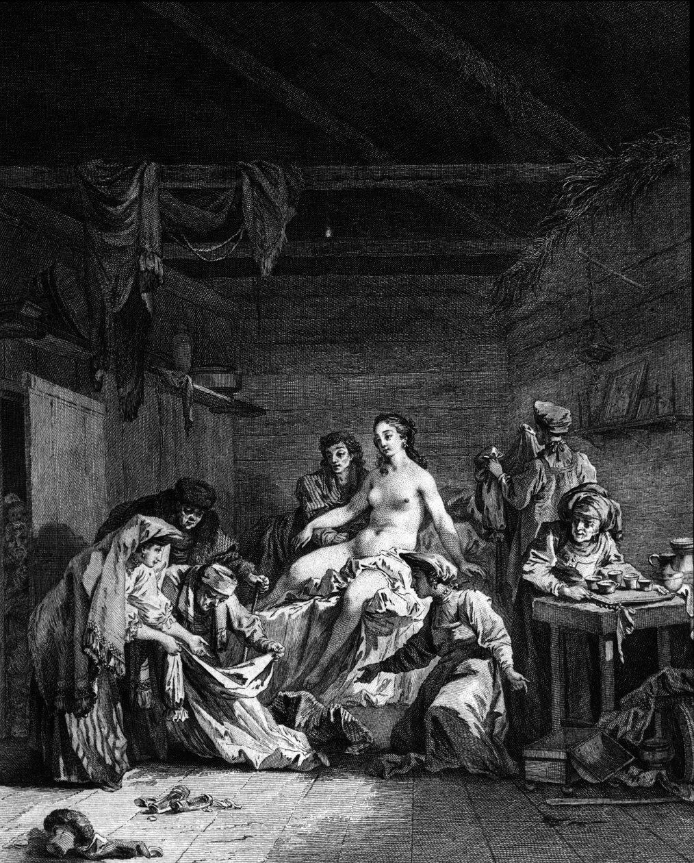 Kontrola wypróżniania (rozdziewiania) po ślubie dziewicy w Rosji. Grawerowanie XVIII wieku autorstwa Unknown artist