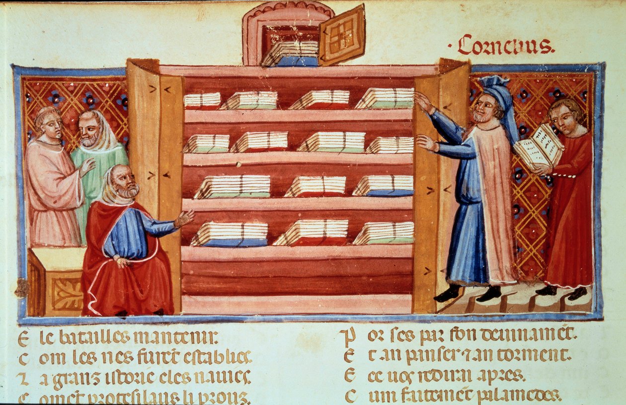 Korneliusz Nepos, rzymski biograf (100-w.25 pne), odkrywa w szafie Historię Troi Frygijczyka Daresa. Miniatura w „”Le Roman de Troie”” (Folio 2v) autorstwa Benoit de Sainte-Maure (XII w.) autorstwa Unknown artist