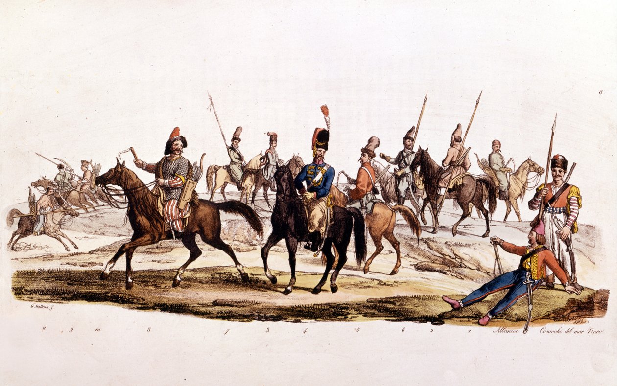 Kozacy: 1. 2. kozacy 3. kozacy dońscy 4¡ Oficjalni kozacy dońscy 5¡ kozak Chernomowskij 6¡ kozacki uralski 7¡ regularny kozacki 8¡ baszkirski 9¡ i 10¡ kalmuk autorstwa Unknown artist