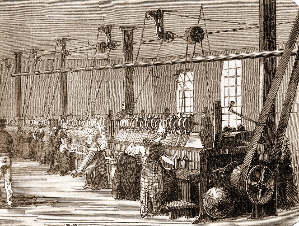 Warsztaty tkania bawełny. Grawerowanie z 1860 roku. autorstwa Unknown artist