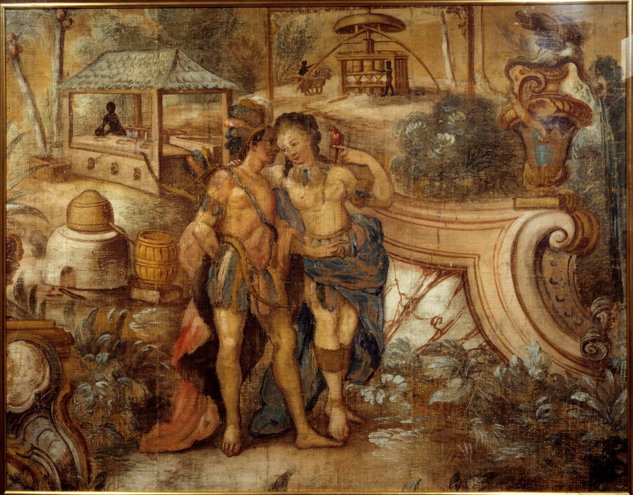Połącz kobietę z Indianinem przed plantacją cukru w Indiach Zachodnich. Anonimowe malowanie autorstwa Unknown artist