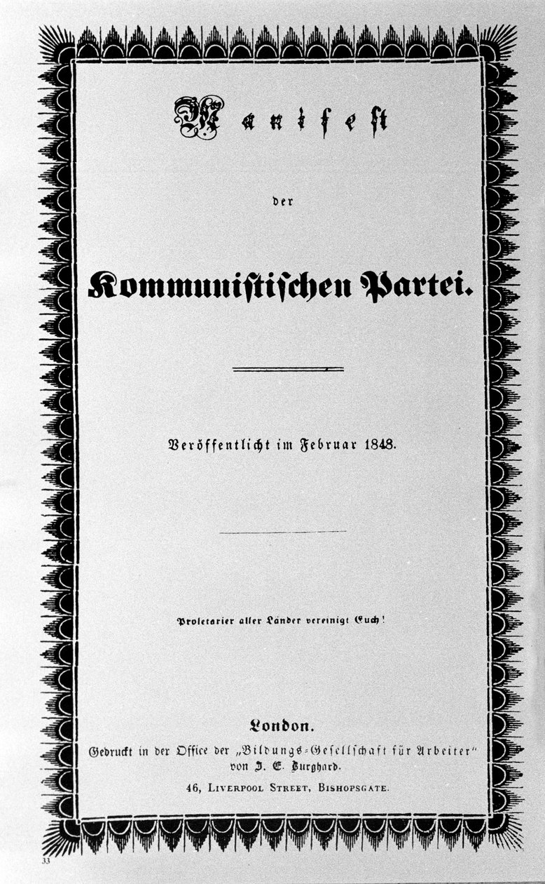Okładka Manifestu Partii Komunistycznej Karola Marksa i Fryderyka Engelsa, pierwsze wydanie, Londyn 1848 (30 stron). „Proletariusze wszystkich krajów jednoczą was” autorstwa Unknown artist