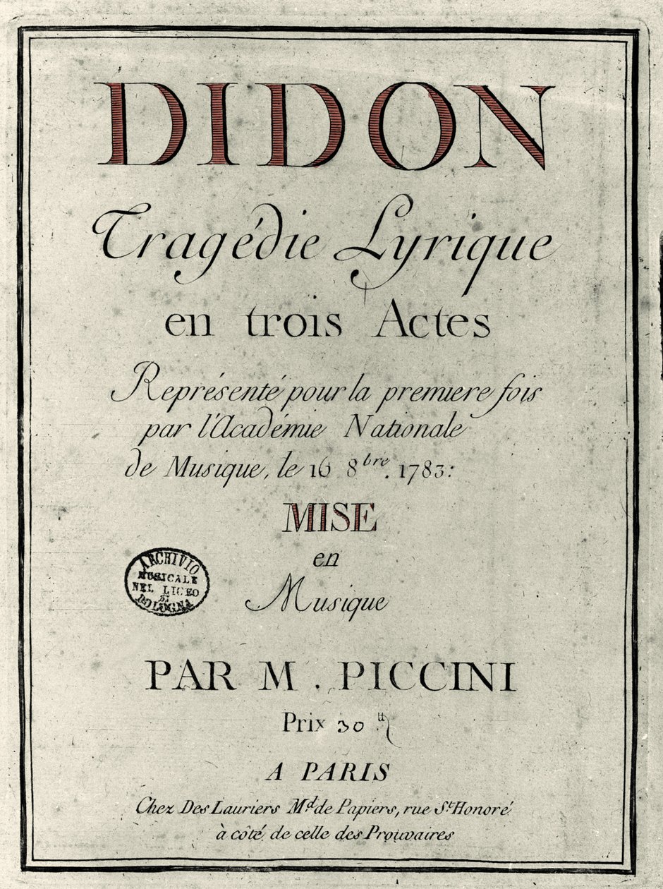 Okładka libretta opery „Didon” kompozytora Niccolo Vito Piccinniego (lub Piccinniego) (1728-1800). 1783 autorstwa Unknown artist