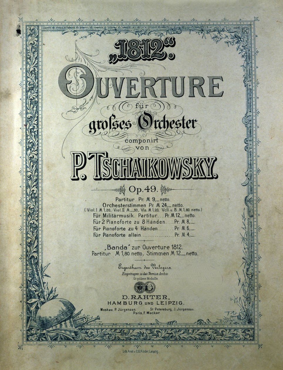 Okładka partytury otwierającej „”Rok 1812””” opus 49 Piotra lub Piotra Iljicza Czajkowskiego (lub Czajkowskiego lub Cajkowskiego lub Czajkowskiego autorstwa Unknown artist