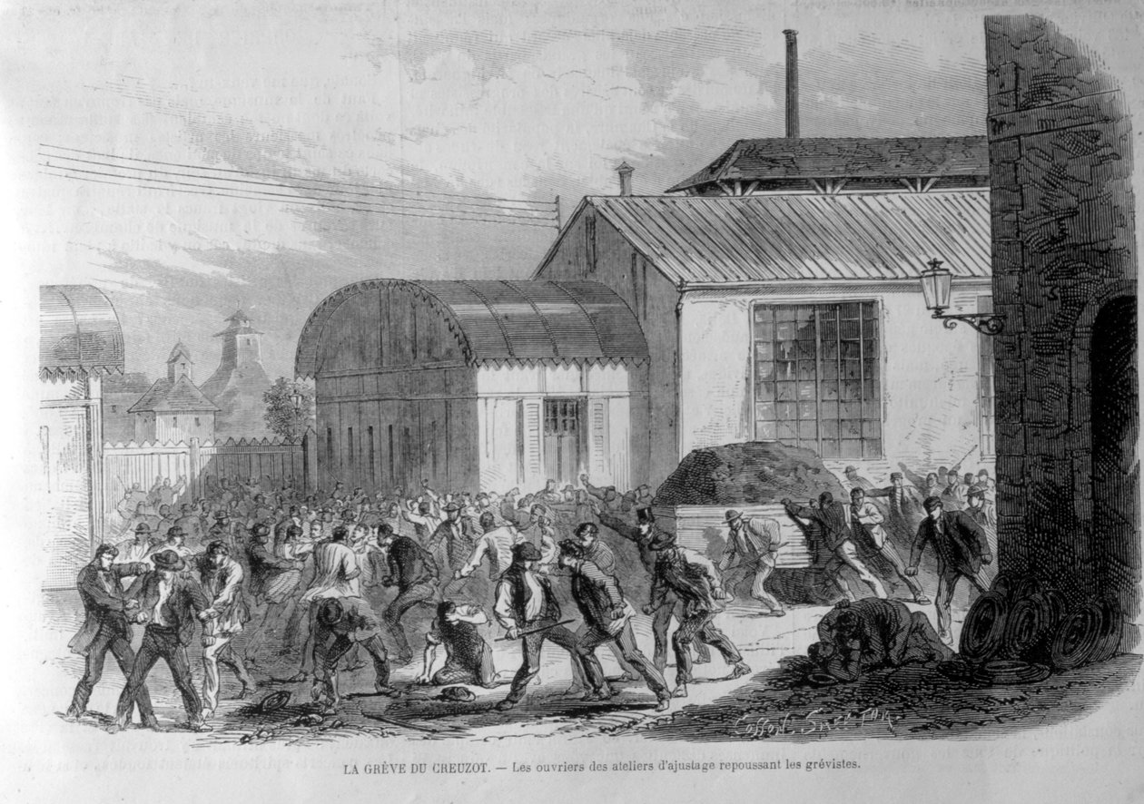Strajk Creusota. Robotnicy sklepów dostosowawczych odpychający strajkujących. Grawerowanie XIX wieku. autorstwa Unknown artist