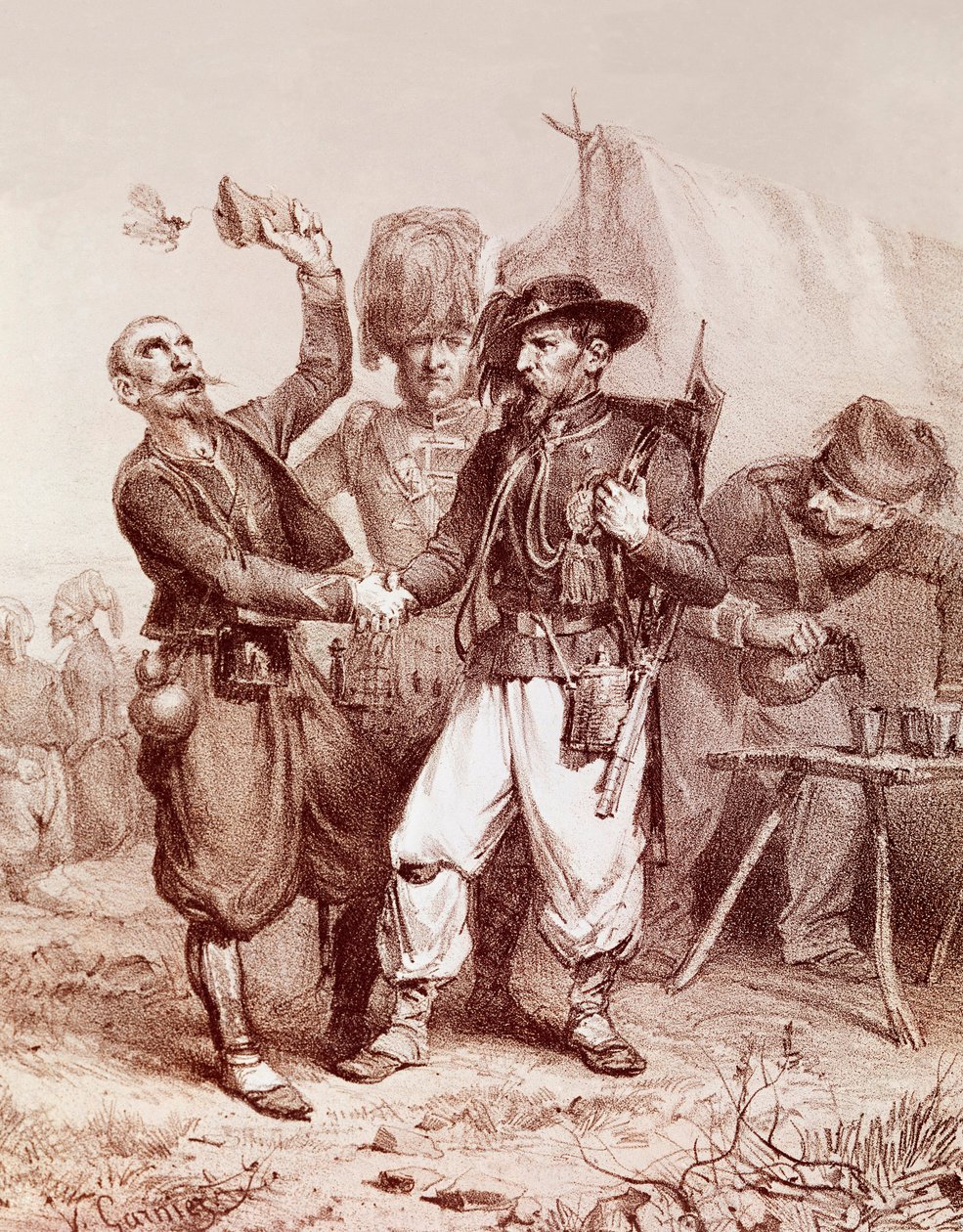 Wojna krymska (1853-1856): alegoria sojuszu Francji, Królestwa Sardynii i Anglii przeciwko Rosji. 1854 autorstwa Unknown artist