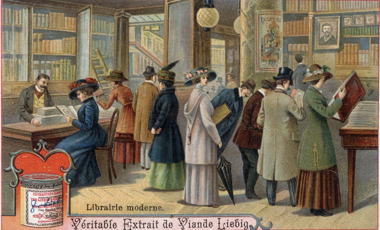 Klienci i księgarz w nowoczesnej księgarni, koniec XIX wieku. Chromolitografia, obraz Liebiga. autorstwa Unknown artist