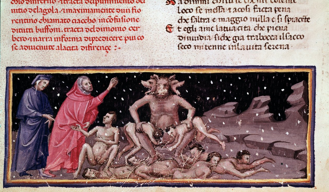 Dante i Virgil spotykają Ciacco i Cerbere z żarłokiem (piosenka 9 z piekła, w Boskiej Komedii) - miniatura autorstwa Unknown artist
