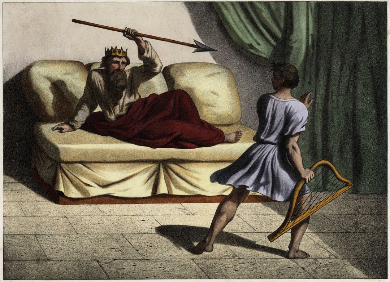 Dawid gra na cytarze przed królem Saulem, aby go przebłagać. Anonimowy rycina z połowy XIX wieku. autorstwa Unknown artist