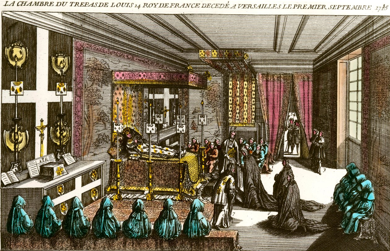 Śmierć króla Ludwika XIV: komora kostnicy Ludwika XIV (1638-1715), znanego jako król Soleil, zmarła w Wersalu 1 września 1715 roku. Rycina XVIII-wiecznej kolekcji prywatnej autorstwa Unknown artist