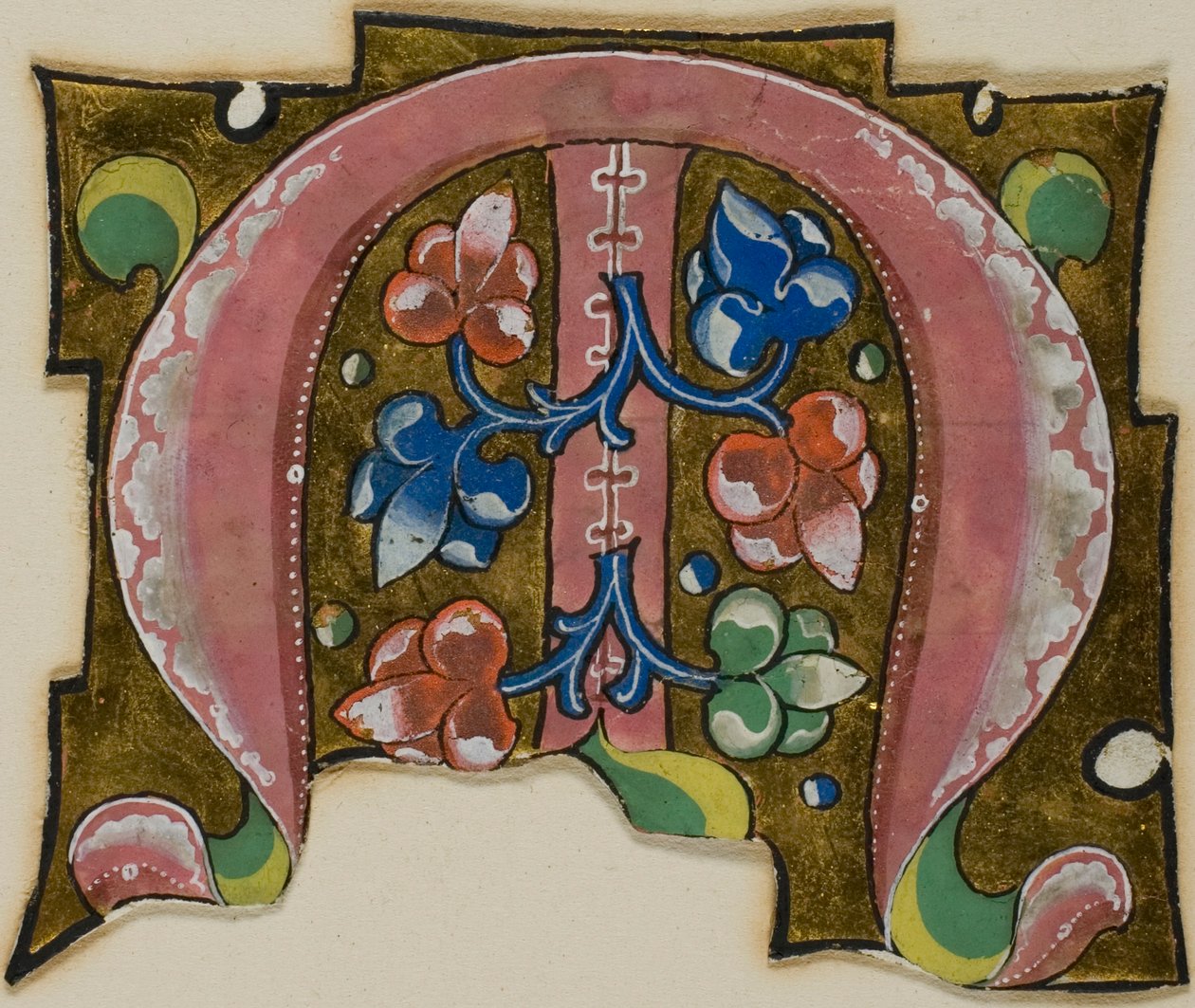 Zdobiony inicjał "M" w kolorze różowym z konwencjonalnymi liśćmi z książki chóralnej autorstwa Unknown artist