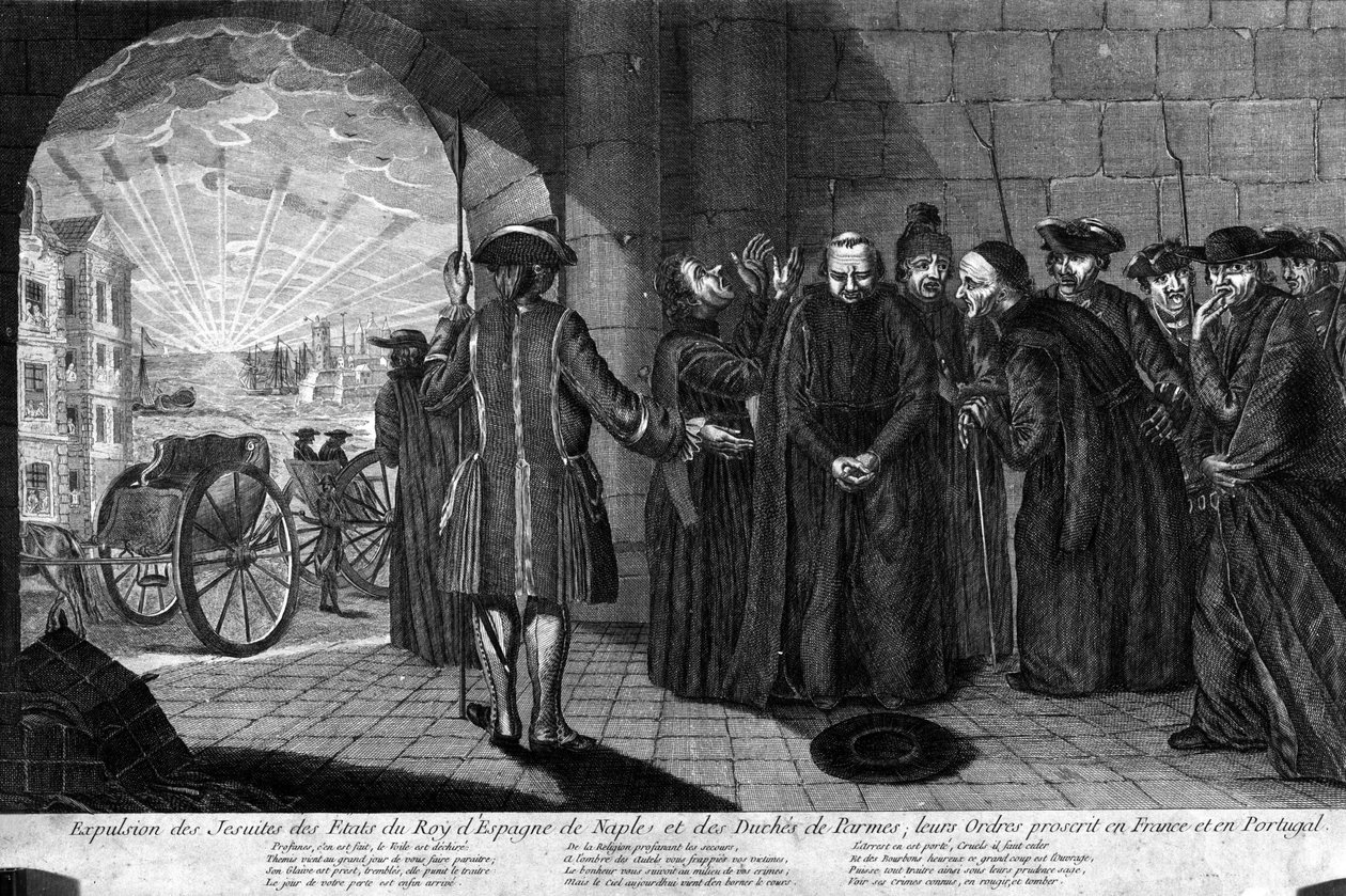 Deportacja jezuitów 21.07.1773 r.: wypędzenie jezuitów z państw króla Hiszpanii, Neapolu i Księstwa Parmy, zakaz ich święceń we Francji i Portugalii. Grawerunek z początku XIX wieku autorstwa Unknown artist