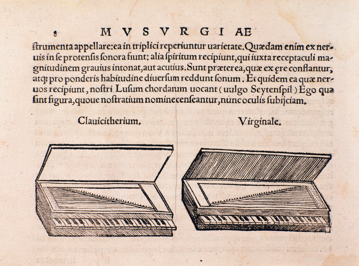 Opis klawesynu i szpinetu. Strona z Musurgii lub praktyki muzycznej autorstwa Unknown artist