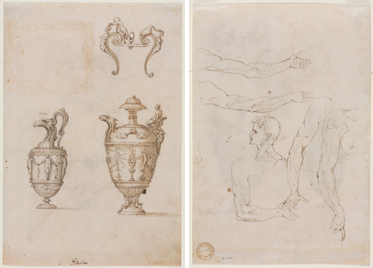 Projekt dwóch wazonów i ornamentu (recto); Szkice pięciu ramion i głowy (verso) autorstwa Unknown artist