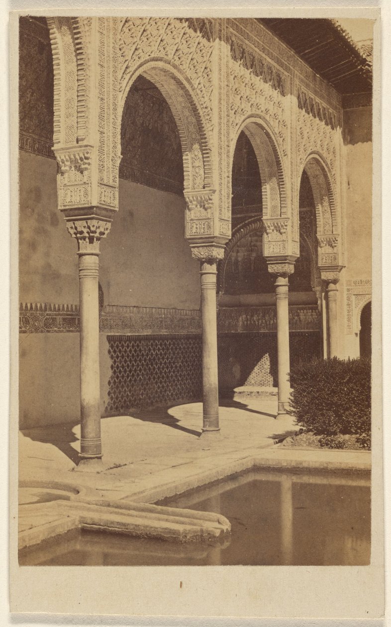 [Szczegół kolumn z widoczną częścią basenu odbijającego światło, Alhambra]. autorstwa Unknown artist