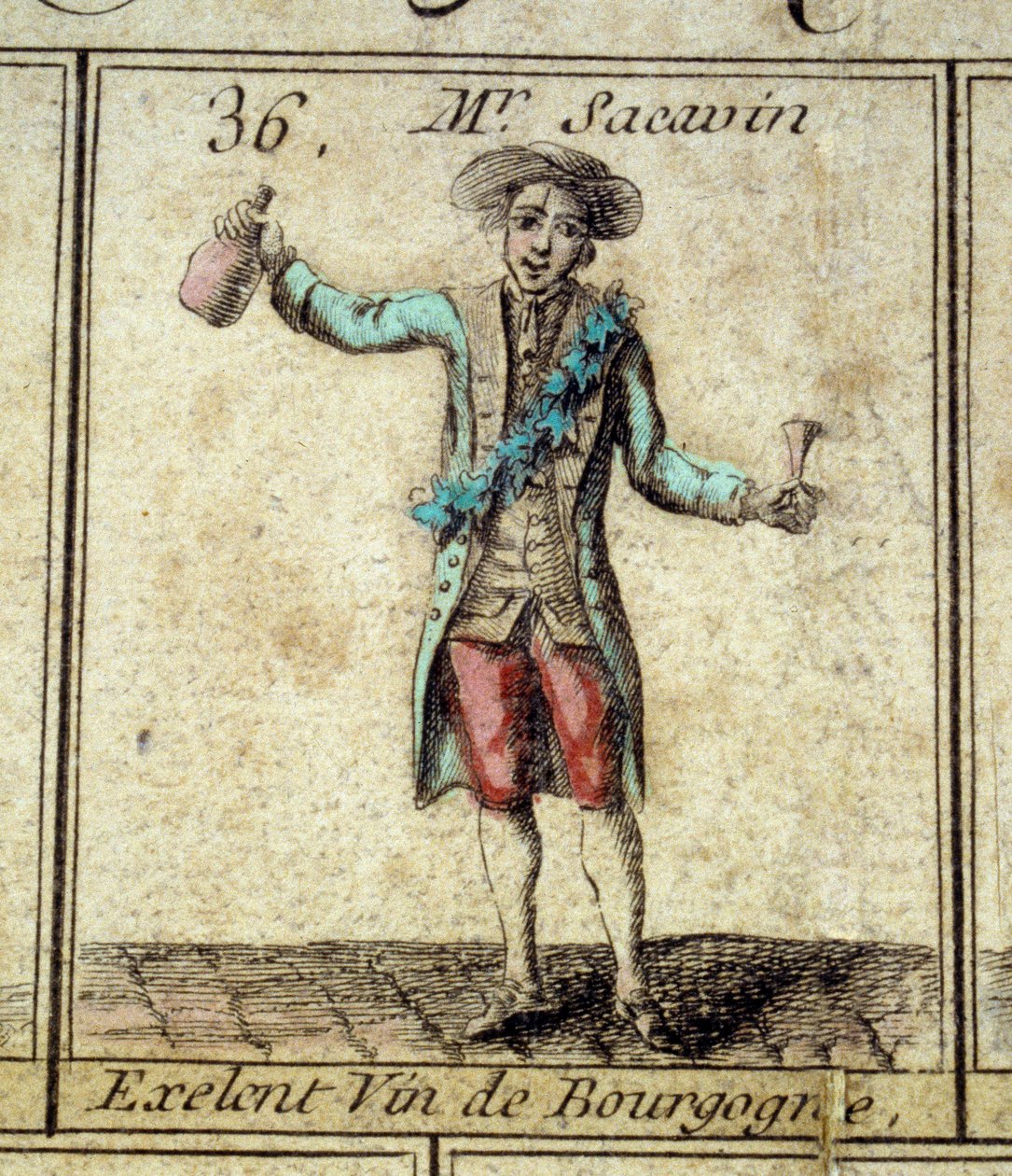 Fragment gry w gęś z Cree z Paryża: Pan Sacavin, pijący wino z Burgundii. Rycina z XVIII wieku. Dz. Iść. autorstwa Unknown artist