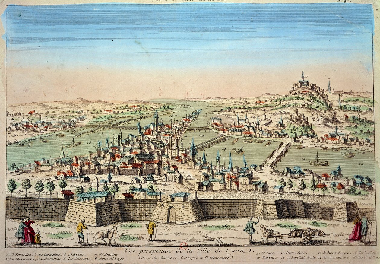 Szczegółowy widok miasta Lyon nad brzegiem Rodanu i Saony. Rycina XVII-wiecznego Paryża B.N. autorstwa Unknown artist