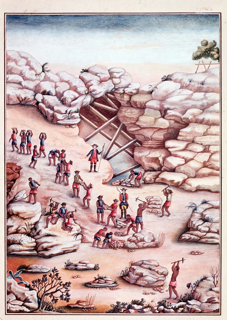 Wydobycie diamentów w kopalni w Brazylii. Akwarela z XVIII wieku Rio de Janeiro, Biblioteca Nazionale autorstwa Unknown artist