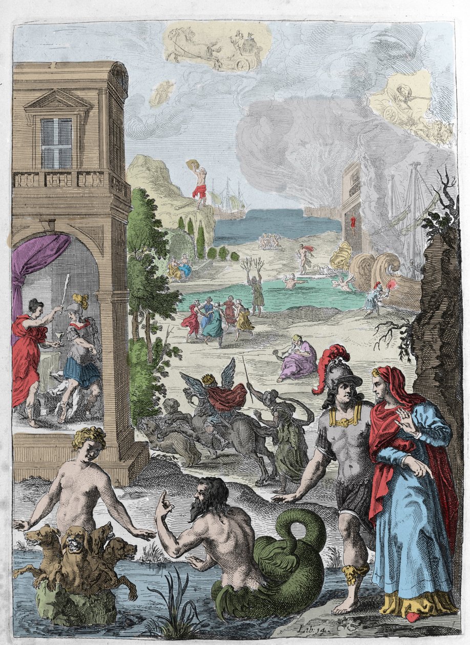 Różne metamorfozy, na pierwszym planie Scylla i zakochany w niej morski bóg Glaucos, w tle powieszony Iphis odrzuca Anaxarete. Ilustracja zaczerpnięta z księgi XIV „Metamorfozy” (Metamorfosi) Ovide