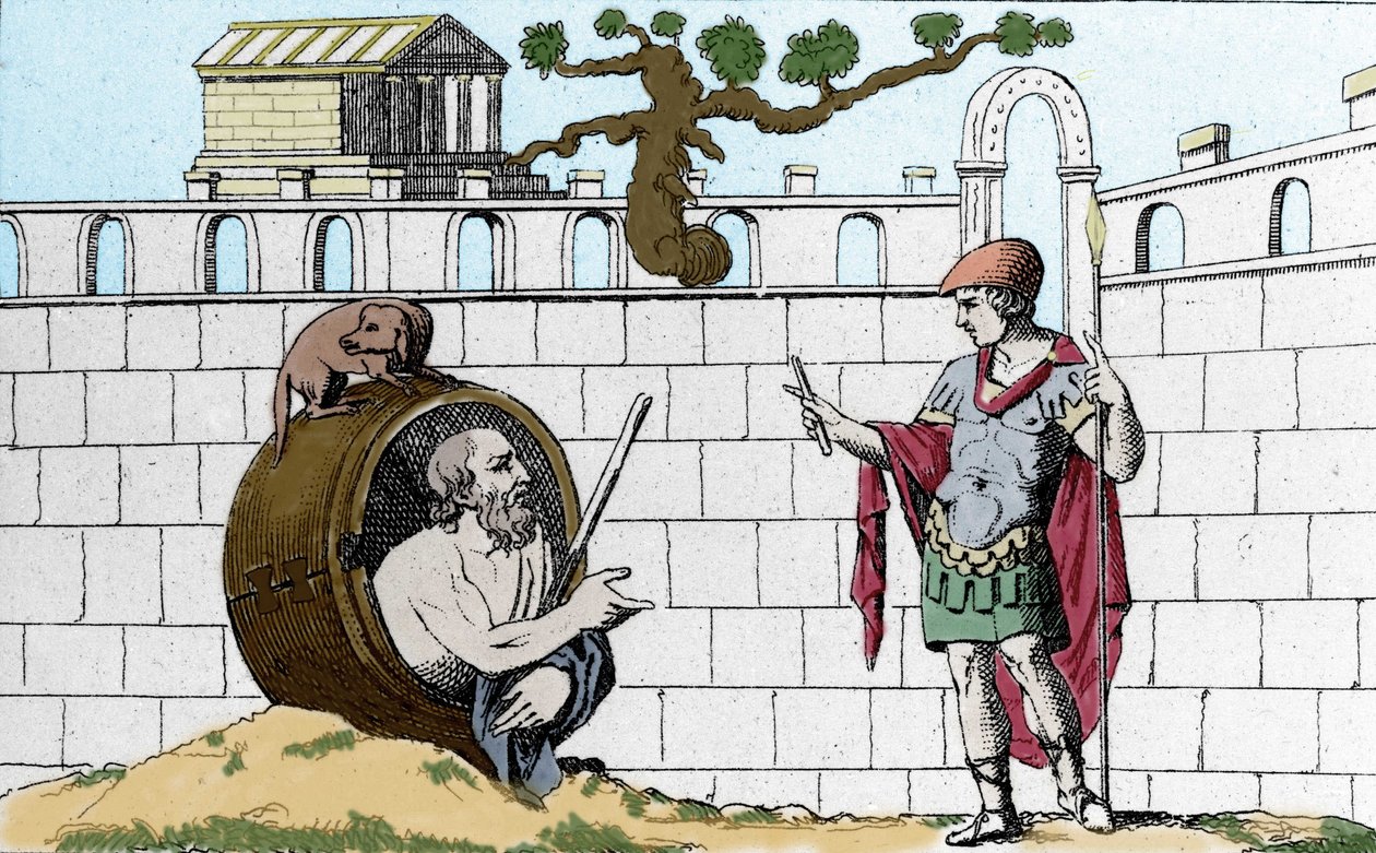 Diogenus Cynic (413-327 pne), grecki filozof, w beczce mówi Aleksandrowi Wielkiemu „Niech ujrzycie moje słońce”. autorstwa Unknown artist