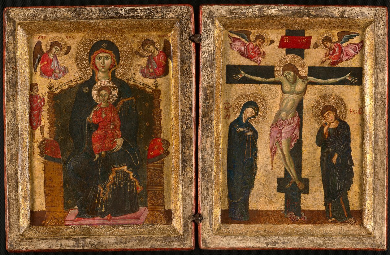 Dyptyk przedstawiający Dziewicę z Dzieciątkiem na tronie i Ukrzyżowanie autorstwa Unknown artist