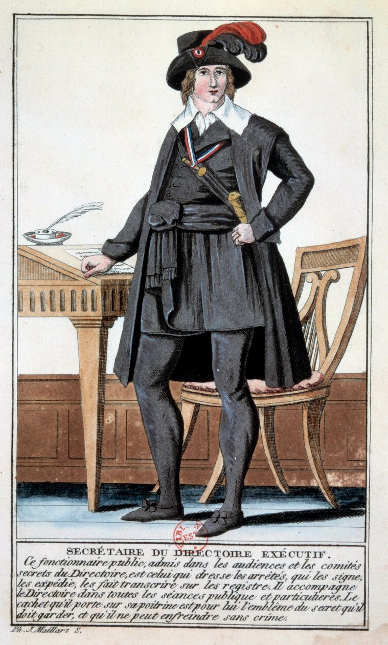 Dyrektoriat: kostium sekretarza zarządu. Rycina z XVIII wieku. Paryż, B.N. autorstwa Unknown artist