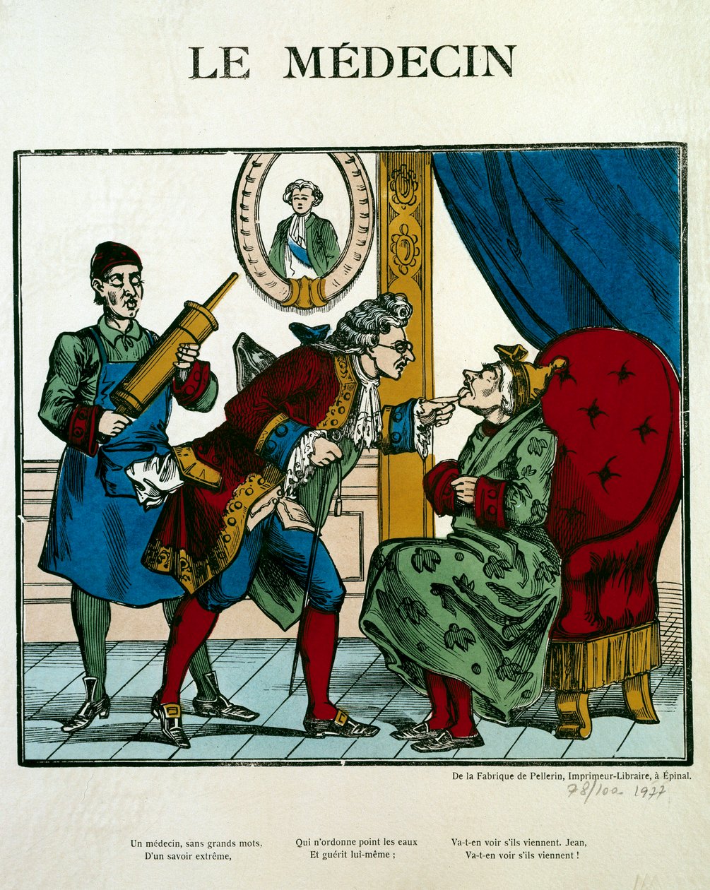 Doctor Scene reprezentujący lekarza badającego pacjenta, jego asystent za nim trzyma clystere. Rycina XIX-wiecznego Paryża, B.N. autorstwa Unknown artist