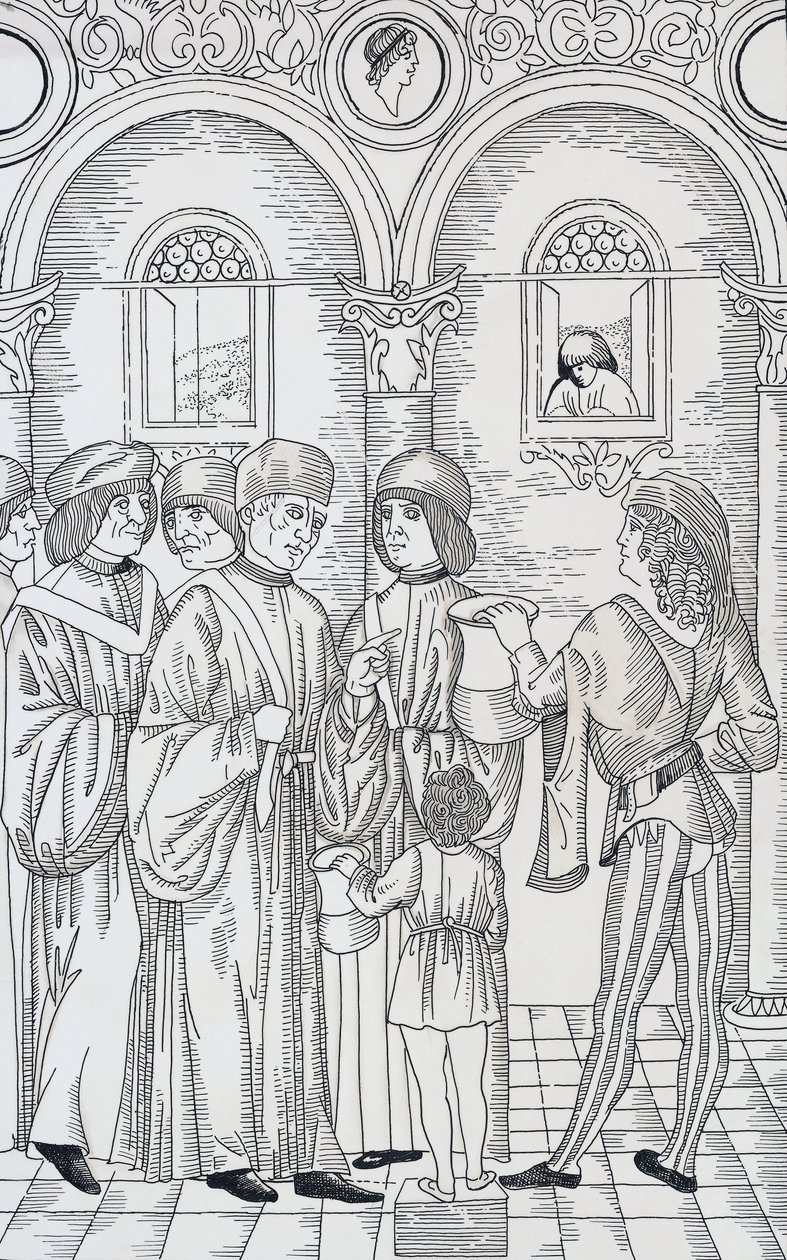 Lekarz badający mocz pacjentów, drzeworyt autorstwa Unknown artist