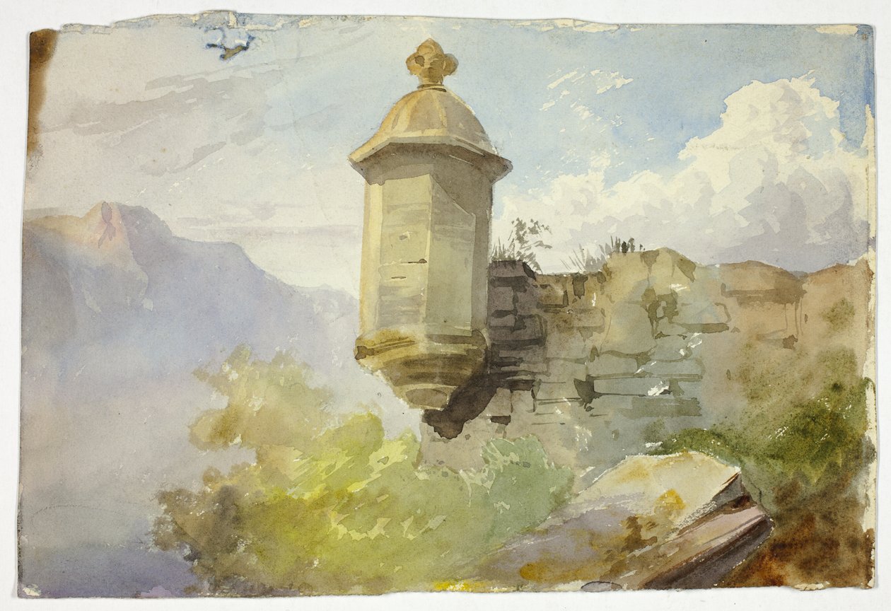 Kopulasty punkt widokowy na ścianie w górskim krajobrazie (recto); Postacie przechodzące przez most przed górą (verso) autorstwa Unknown artist
