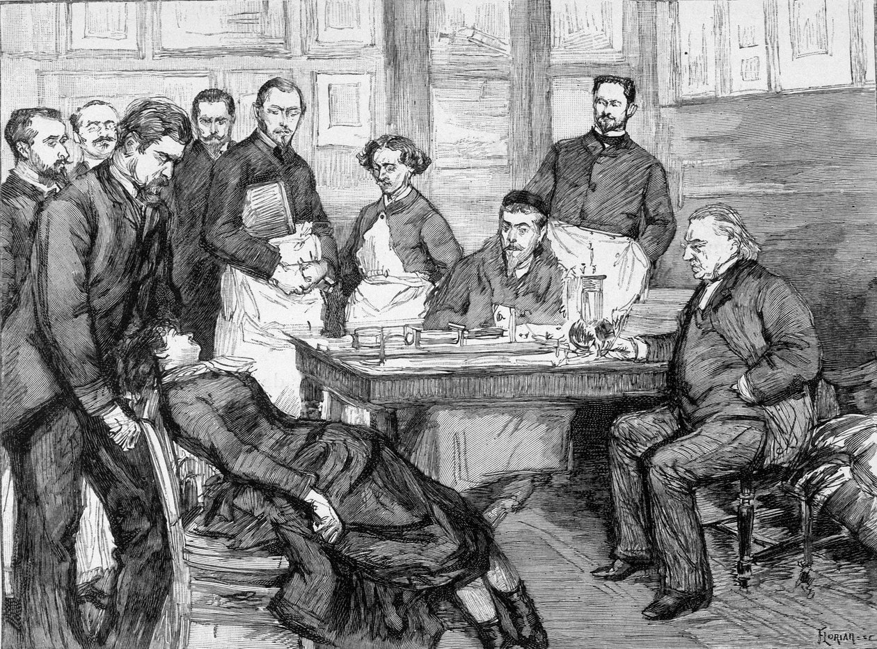 Doświadczenie dr Jean Martina Charcota z pacjentem w szkole szpitala psychiatrycznego w Salpetriere. Biblioteka Charcota-Salpetriere