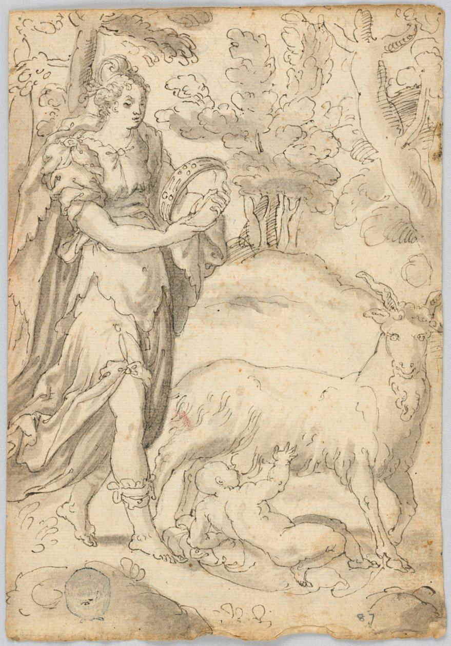 Rysunek: A) Rhea i niemowlę Jowisz. B) Św. Franciszek z Asyżu autorstwa Unknown artist