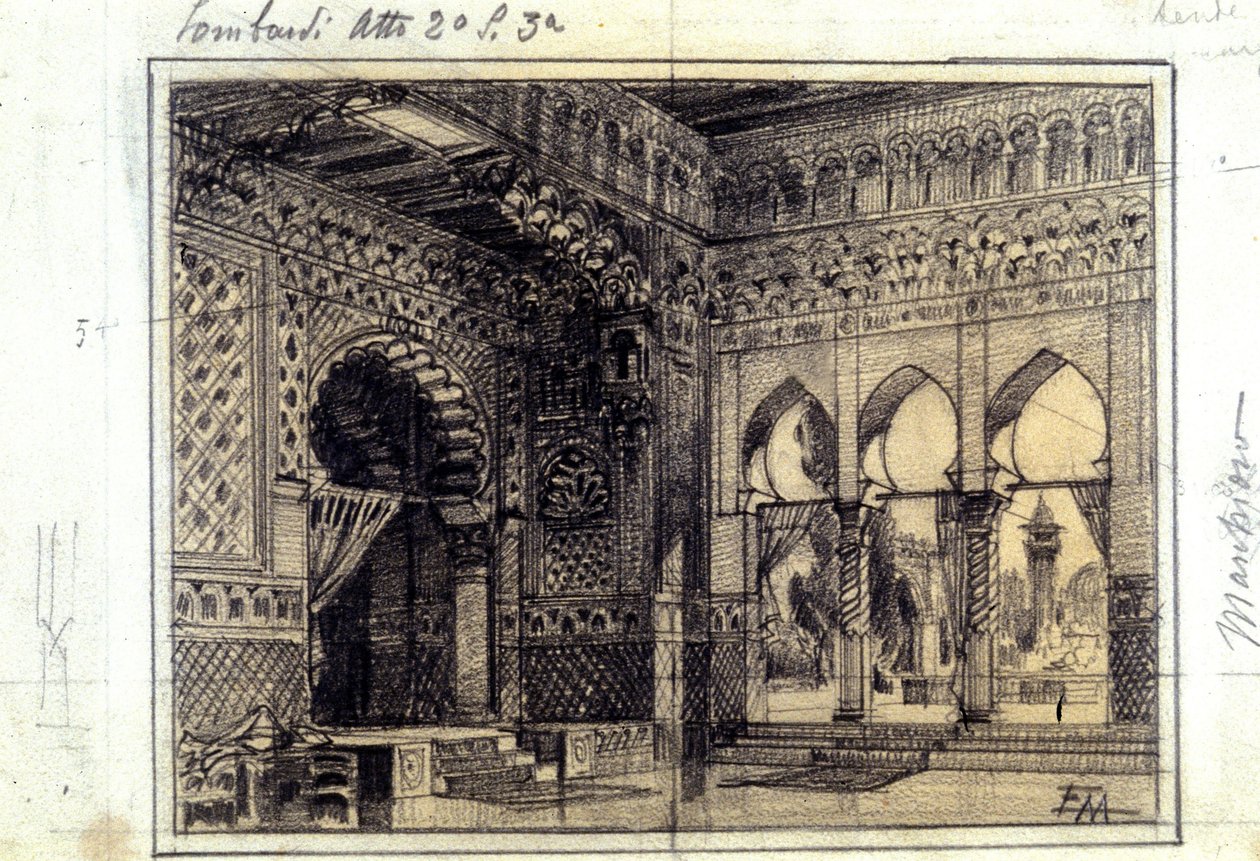 Rysunek do wystroju sceny 3 aktu II opery „I Lombardi” lub „Lombardy podczas pierwszej krucjaty” skomponowanej przez Giuseppe Verdiego (1813 - 1901) w 1843 r. autorstwa Unknown artist