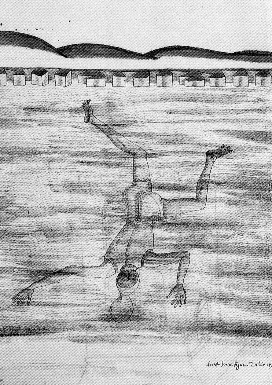 Rysunek z XV wieku przedstawiający mężczyznę wchodzącego do wody z maską. autorstwa Unknown artist