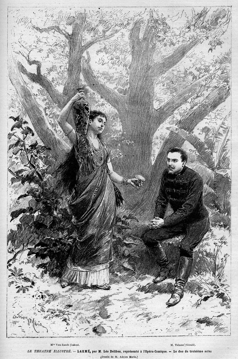 Duet III aktu z śpiewaczką Marie van Zandt z opery „Lakme” Leo Delibesa, Edmondem Gondinetem i Philippe Gille wystąpił po raz pierwszy 14 kwietnia 1883 roku w Operze Comique w Paryżu. Grawer w „Le Monde illustrious”” 1883. Prywatny colle autorstwa Unknown artist
