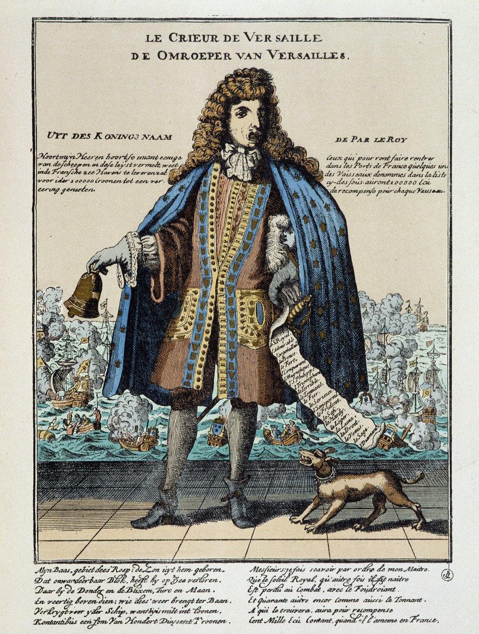 Holenderski druk satyryczny przeciwko Ludwikowi XIV: Bitwa pod Hougue lub flota francuska, uzbrojona w celu przywrócenia Jacques II i dowodzona przez Annę Hilarion z Costentin (Cotentin), hrabiego Tourville (1642-1701), została pokonana i częściowo zniszcz autorstwa Unknown artist