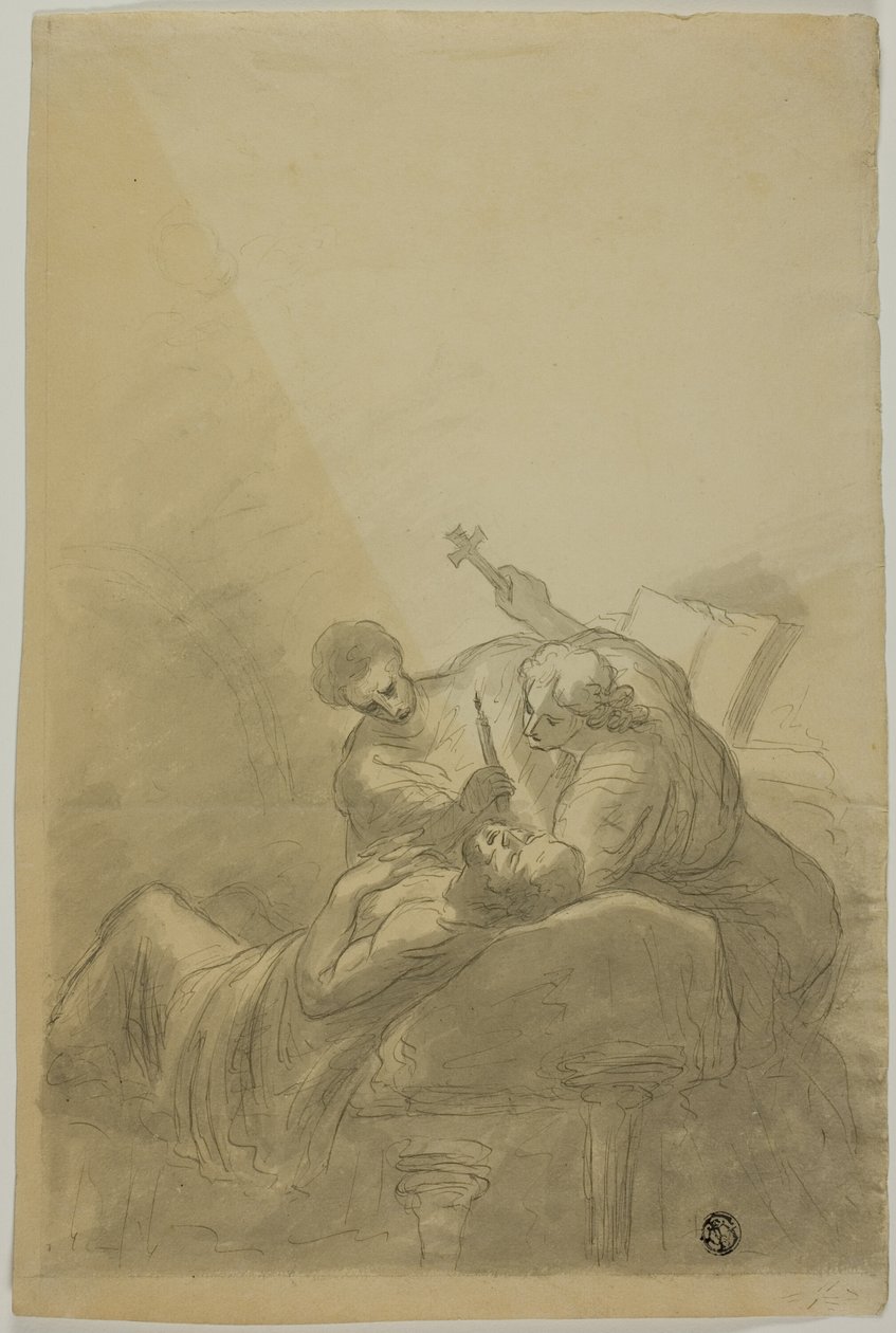 Umierający mężczyzna w towarzystwie dwóch postaci trzymających świecę, książkę i krzyż autorstwa Unknown artist