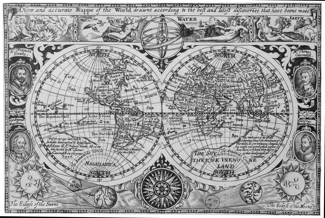 Mapa świata z początku XVII wieku, według Mercatora, z portretami odkrywców (Drake, Magellan, Thomas Cavendish i Oliver van der Nort), żywiołami i zaćmieniami. autorstwa Unknown artist