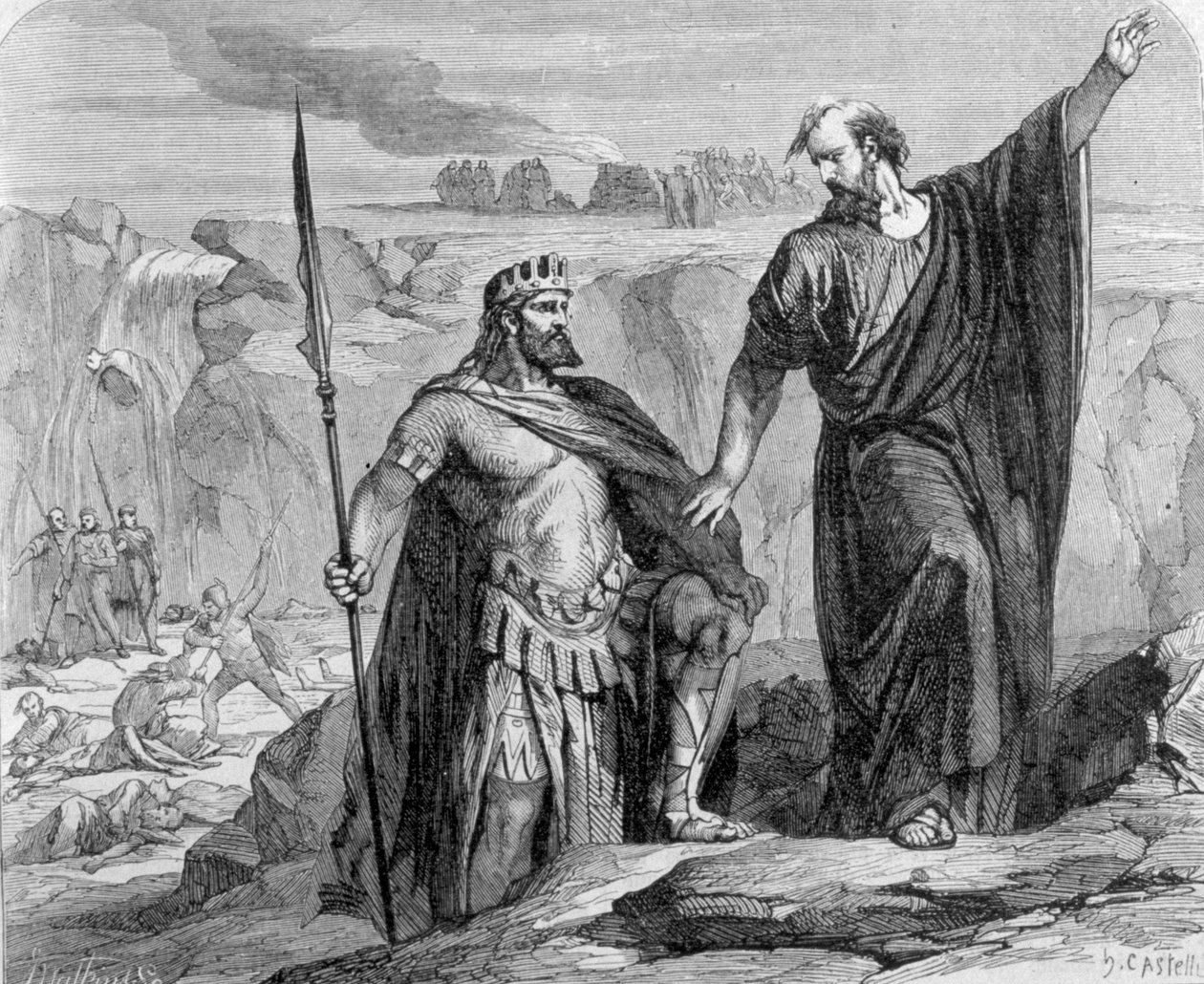 Eliasz ostrzegł Achaba, że nadchodzi deszcz. W tle widzimy kult Baala (Baala). autorstwa Unknown artist