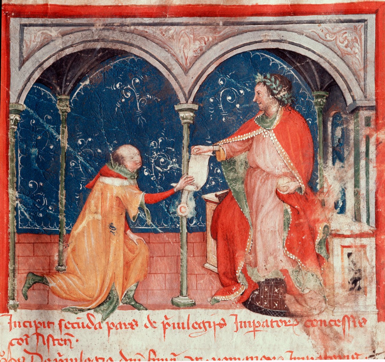 Cesarz Fryderyk II Hohenstaufen (1194-1250) począł przywileje miasta Asti Miniatura zaczerpnięte z „Codex Astensis” (lub Malabayla), kroniki miasta Asti w latach 1065-1353. XIV wiek. Zachowaj u burmistrza Asti autorstwa Unknown artist
