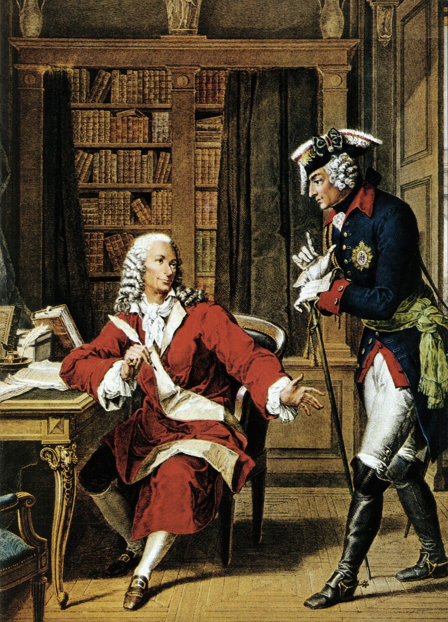 Cesarz Fryderyk II Wielki (1712 - 1786) odwiedza filozofa Woltera (1694 - 1778). Akwaforta z XVIII wieku. autorstwa Unknown artist