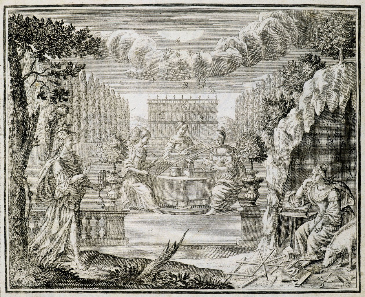 Grawer przedstawiający kobiety pracujące na krośnie. Początek XVIII wieku. autorstwa Unknown artist