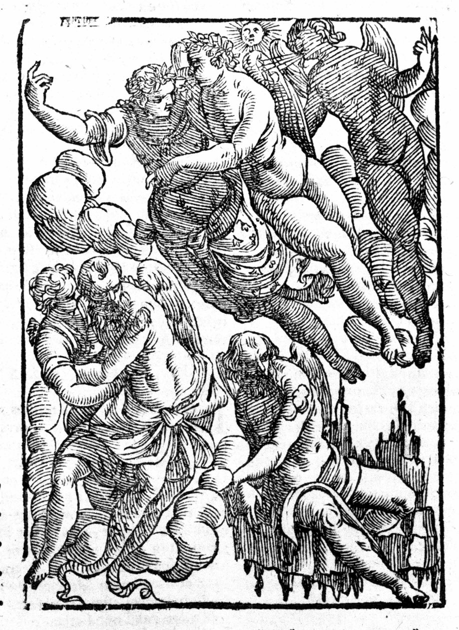 Eole (prawy dolny róg) i wiatry. „Mitologia i bajki” podaje hrabia Natalia. Padwa 1677 autorstwa Unknown artist