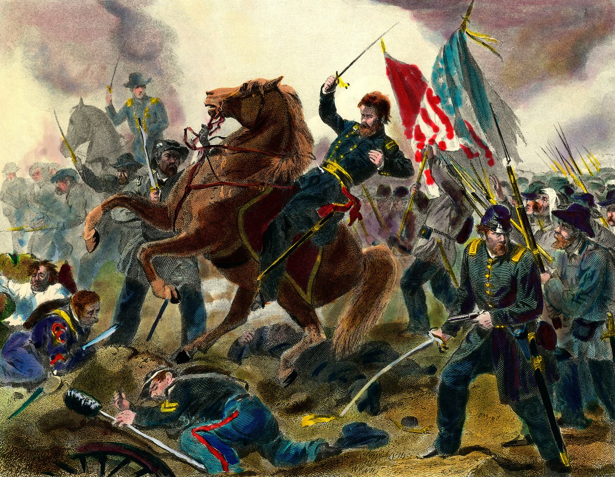 Epizod wojny secesyjnej (1862-1865) lub wojny domowej w Stanach Zjednoczonych: amerykański generał sił Unii Ulysses Simpson Grant (1822-1885) podczas bitwy z wojskami Stanów Konfederacji. Rycina XIX-wiecznej prywatnej kolekty autorstwa Unknown artist