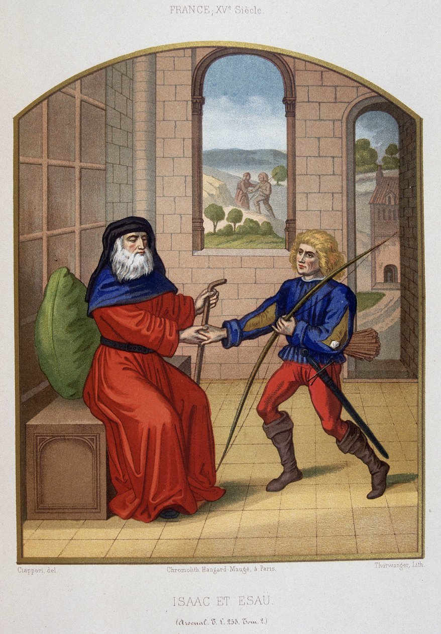 Ezaw ze swoją bronią myśliwską i swoim ojcem Izaakiem. XIX-wieczna chromolitografia. autorstwa Unknown artist