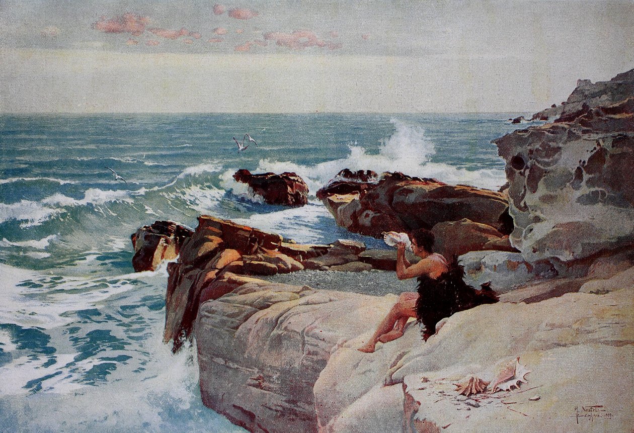 Wieczór nad morzem, młody człowiek z dużą muszlą siedzący na brzegu autorstwa Unknown artist